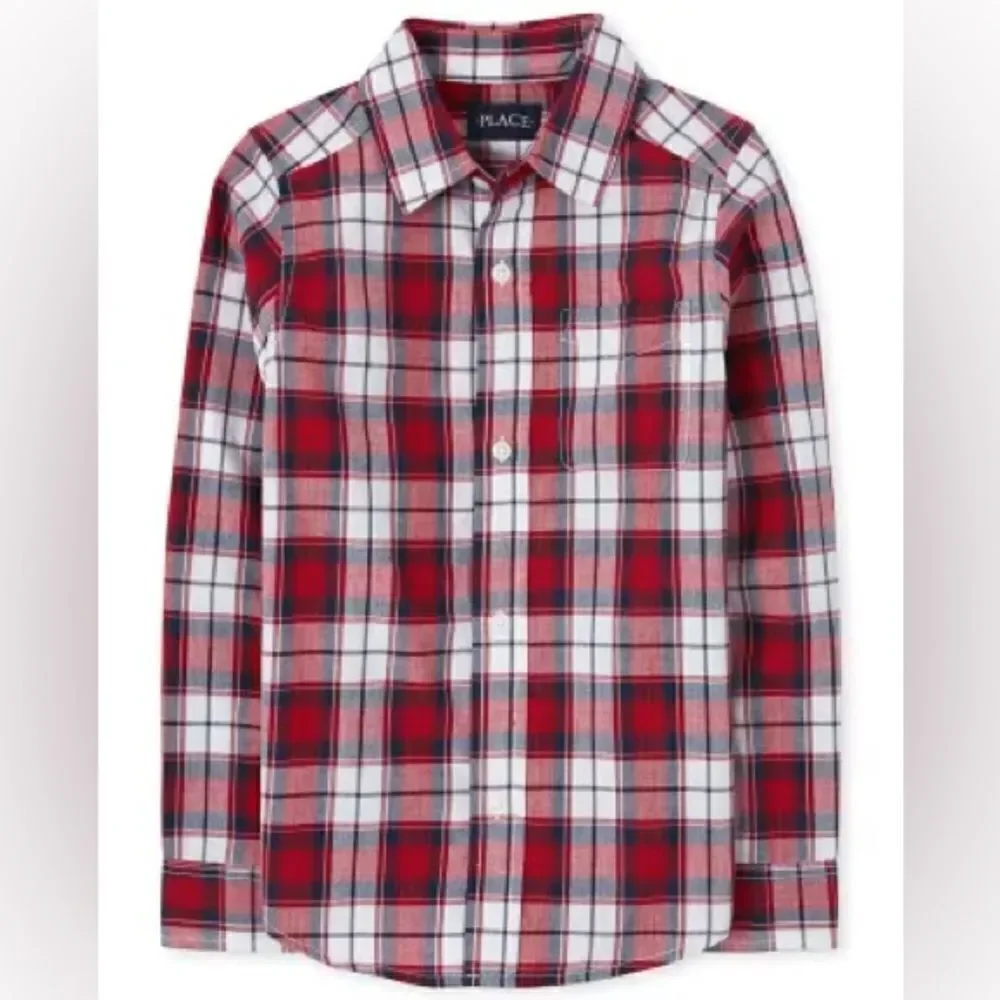 The Children’s Place Boy’s Classic Red Plaid Cotton Poplin Button Down Shirt 5/6